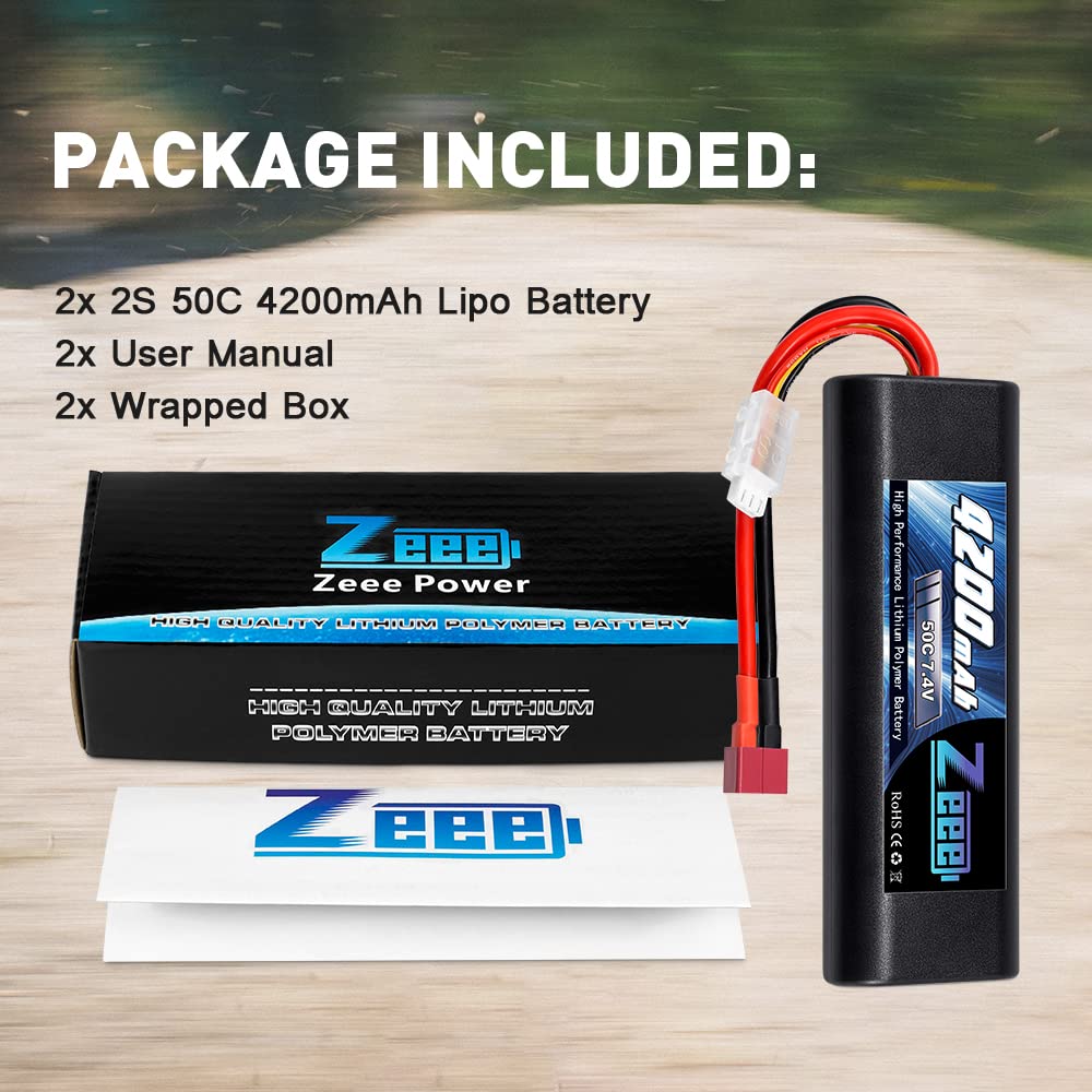 Zeee 2S Lipo Batteria 7.4V 50C 4200mAh Batteria RC con Deans T Plug per RC Auto RC Camion RC Hobby (2 pezzi)