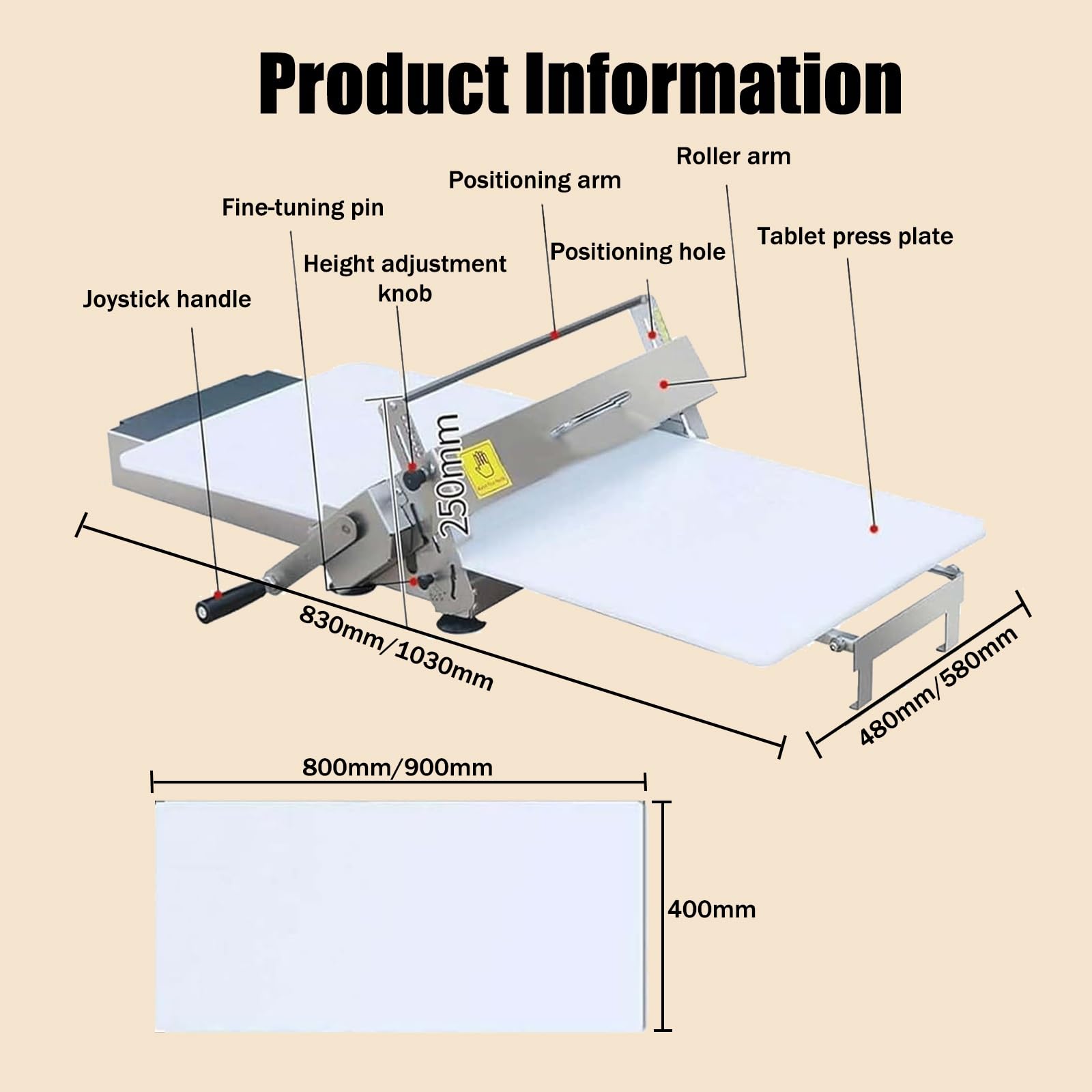 Tragbare, Faltbare Teigausrollmaschine mit Einstellbarer Teigstärke | Von 0–25 mm, Professionelle Teigausrollmaschine für Croissants und Pizzabäckereien(A300)