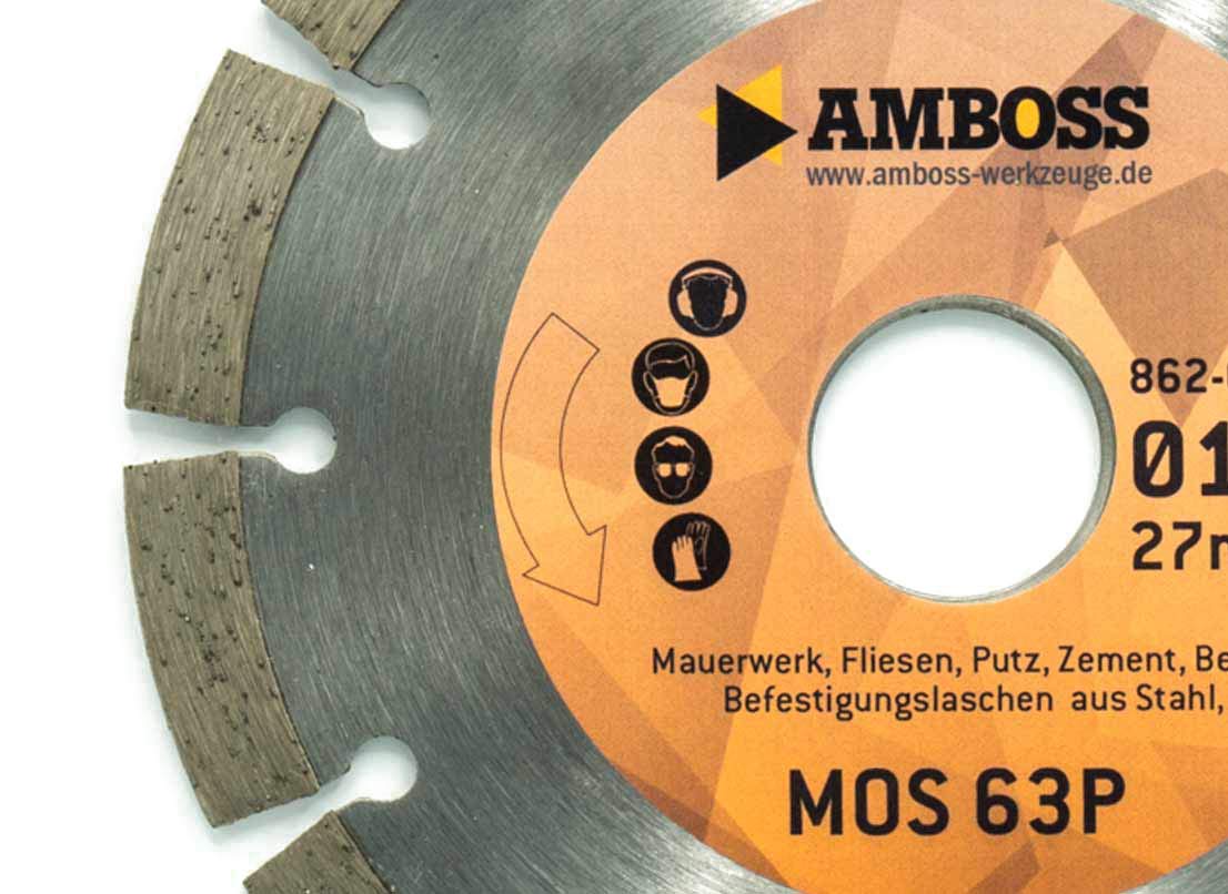 Amboss MOS 63P - diamentowa tarcza tnąca do frezowania montażowego Beppo FFS 150S, 151S, 151SE - mur/płytki/tynk/beton / nakładki ze stali | Ø 150 mm x 27 mm | wysokość segmentu: 10 mm (spiekane)
