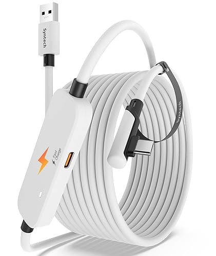 Syntech Link Cable with Charging 16FT Compatible with Oculus/Meta Quest 3S/3, Quest2 Accessories, USB 3.0 Link Cable with Extra Charging Port, for PC/SteamVR and Extended Gameplay - 16ft - White