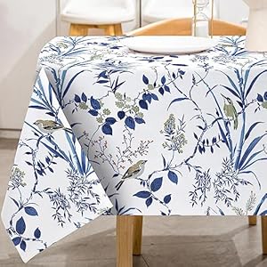 AnyDesign Navy Blue Floral Tablecloth Rectangle Retro Bird Flower Fabric Table Cover Washable Blue Leaves Table Cloth for Home Kitchen Coffee Table Picnic Decoration, 60 x 104 Inch