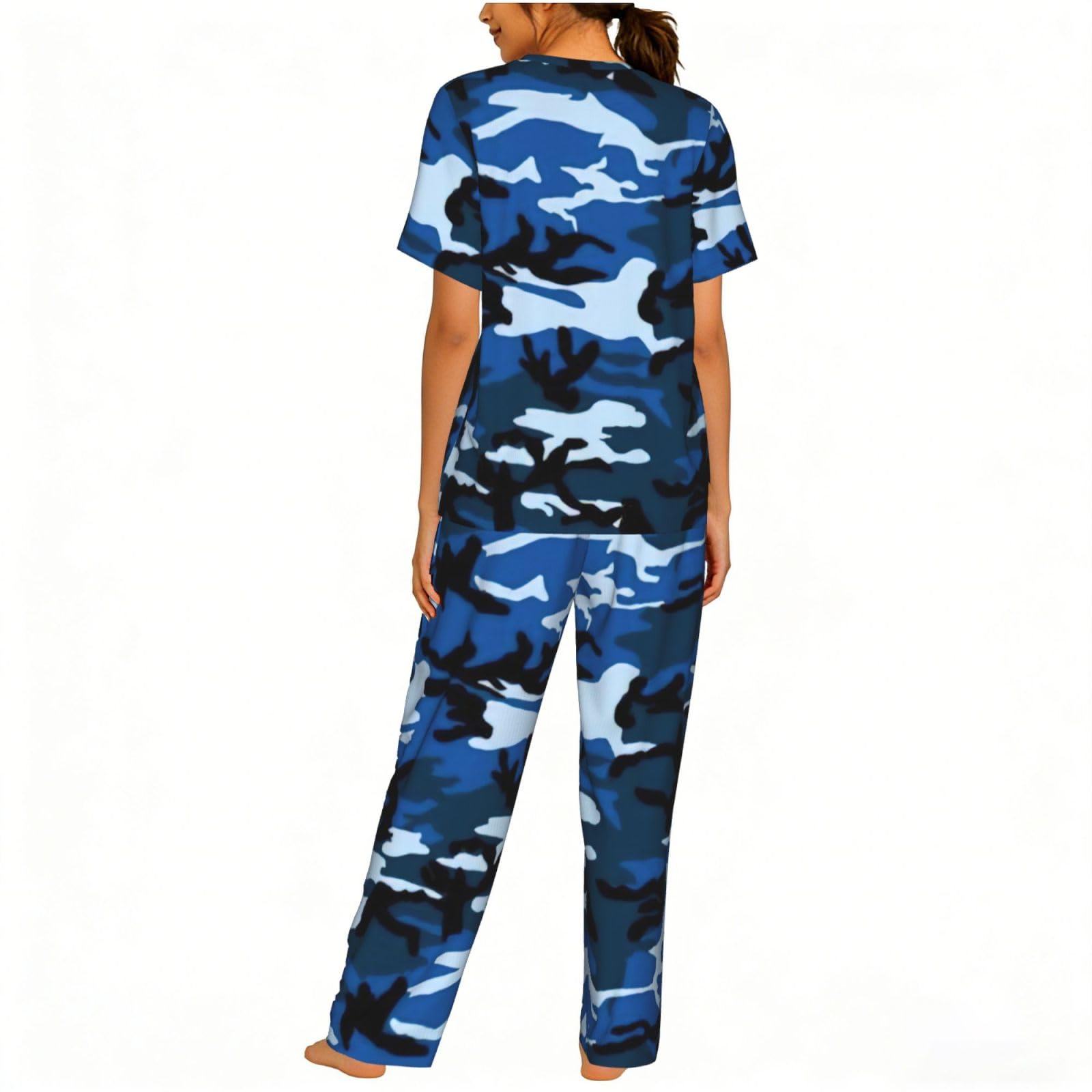 Niebieski Camo Print damska piżama z krótkim rękawem zestaw bielizna nocna letnia miękka wygodna domowa bielizna nocna