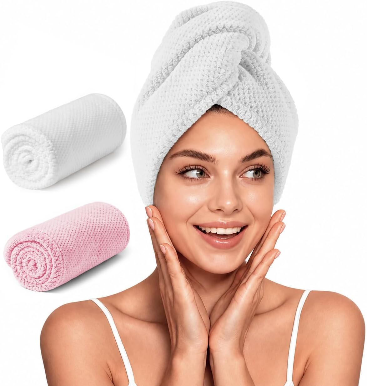 2 Pack Microfiber Hair Towel Wrap for Women, Super Absorbent Quick Dry Hair Turban for All Hair Style Anti Frizz, Large Hair Drying Towel with Button
