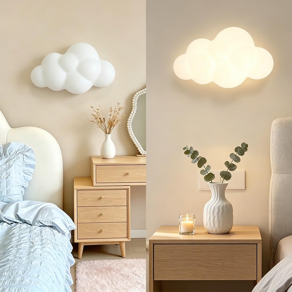 LED Wandleuchte Für Das Bett 3D Wolken Wandlampe Kinderzimmer Mit Cremeweißem PE Schirm 3 Stufig Einstellbare Lichtfarbe Geeignet Für Schlafzimmer Wohnzimmer Babyzimmer Flur Deckenmontage(groß)