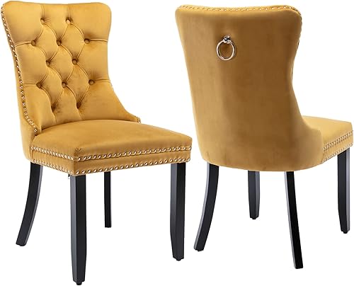 Miniatura 73 de Juego de 4 sillas de comedor de terciopelo beige, sillas tapizadas modernas para comedor con respaldo capitoné y acentos de madera, patas curvas de