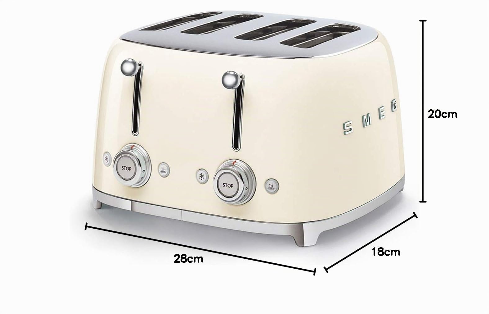 Smeg, Tostapane 4x4 TSF03CREU, 4 Scomparti da 36mm, 6 Livelli di Doratura, Funzione Riscaldamento, Scongelamento e Bagel, Espulsione Automatica del Pane, 2 Cassetti Raccoglibriciole, 2000W, Panna