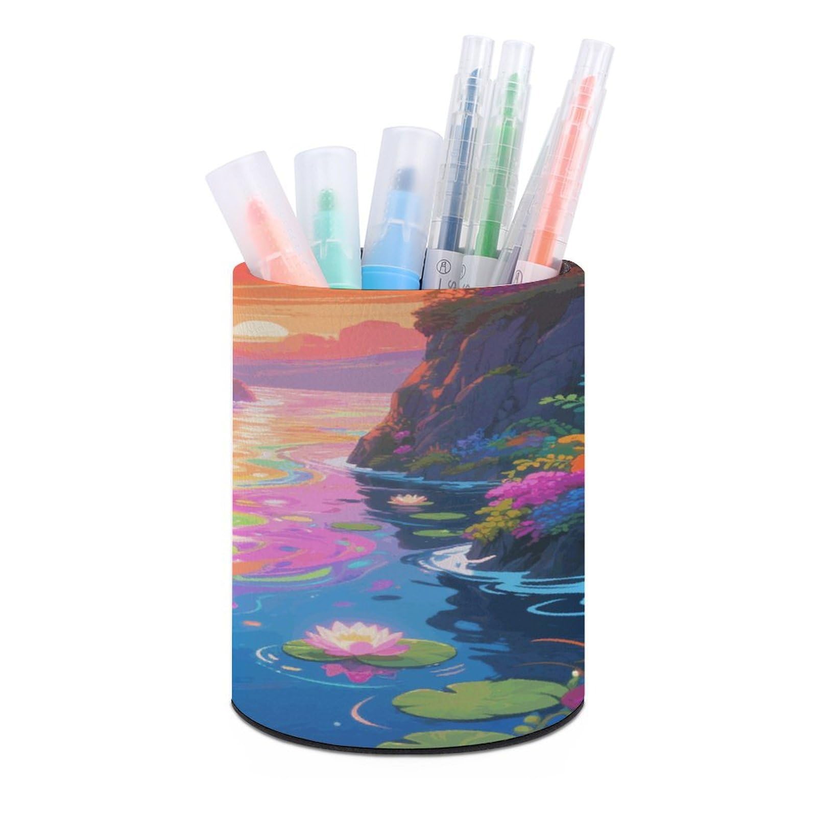 VstaDank Shining River Round Pencil Holder, PU Leather Pencil Holder Desk Organizer Holder for Brush Decoration Office Desk Home (3.1 x 3.9 inch)