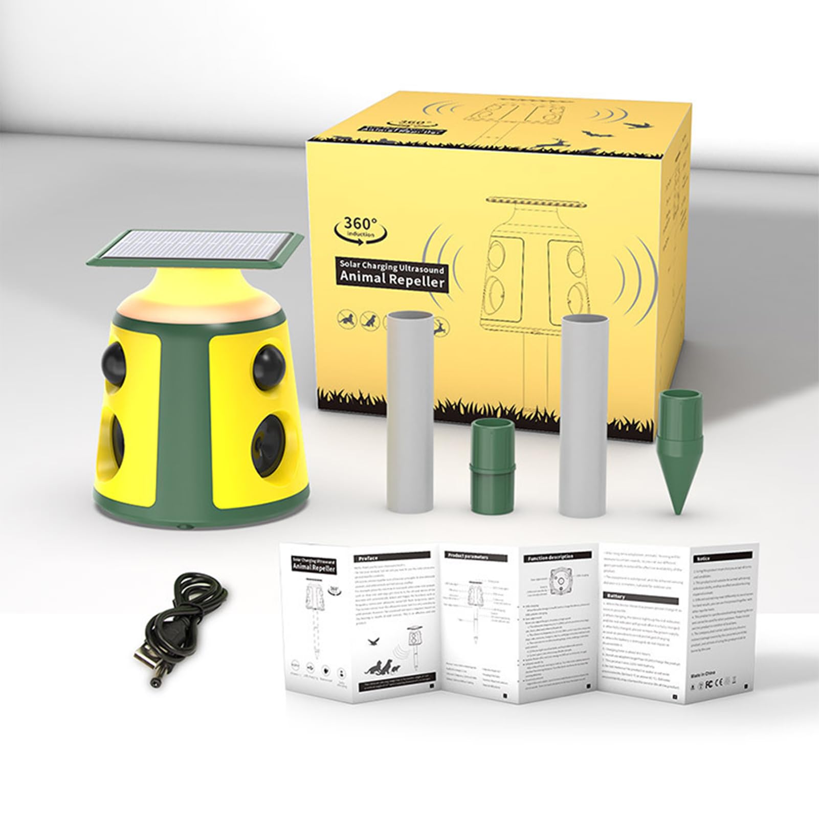 Alarm odstraszający ptaki, ogniwa słoneczne, czujnik obracany o 360°, ultradźwiękowy róg alarmowy, lampa błyskowa LED, ze złączem USB, nadaje się do trawnika, ogrodu i podwórka na świeżym
