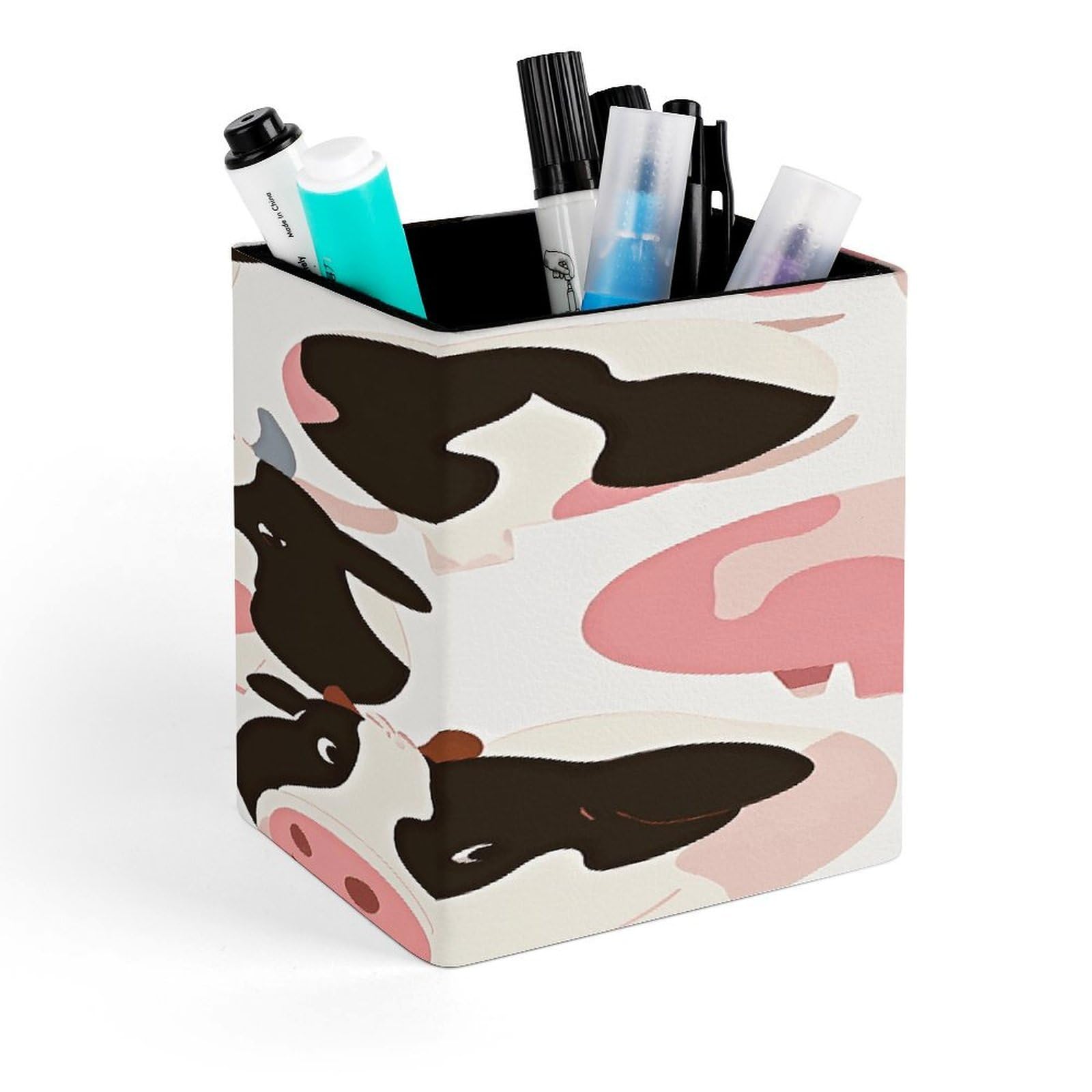 FekiLoot Cow Pattern Pencil Holder for Desk Square Leather Pen Holder Cup Desktop Organizer Multi-Functional Pencil Cup Holders Modern Decorative Desk Organizer Caddy Makeup Brush Holders