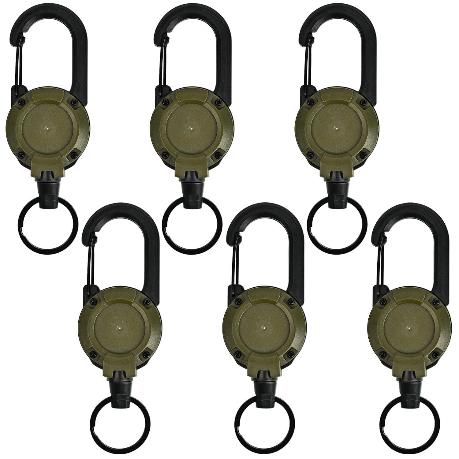 Heavy Duty Retractable Badge Reel with 25.6'' Steel Cord and Keyring, Extendable Key Lanyard for Outdoor Use(6 Packs Army Green)
