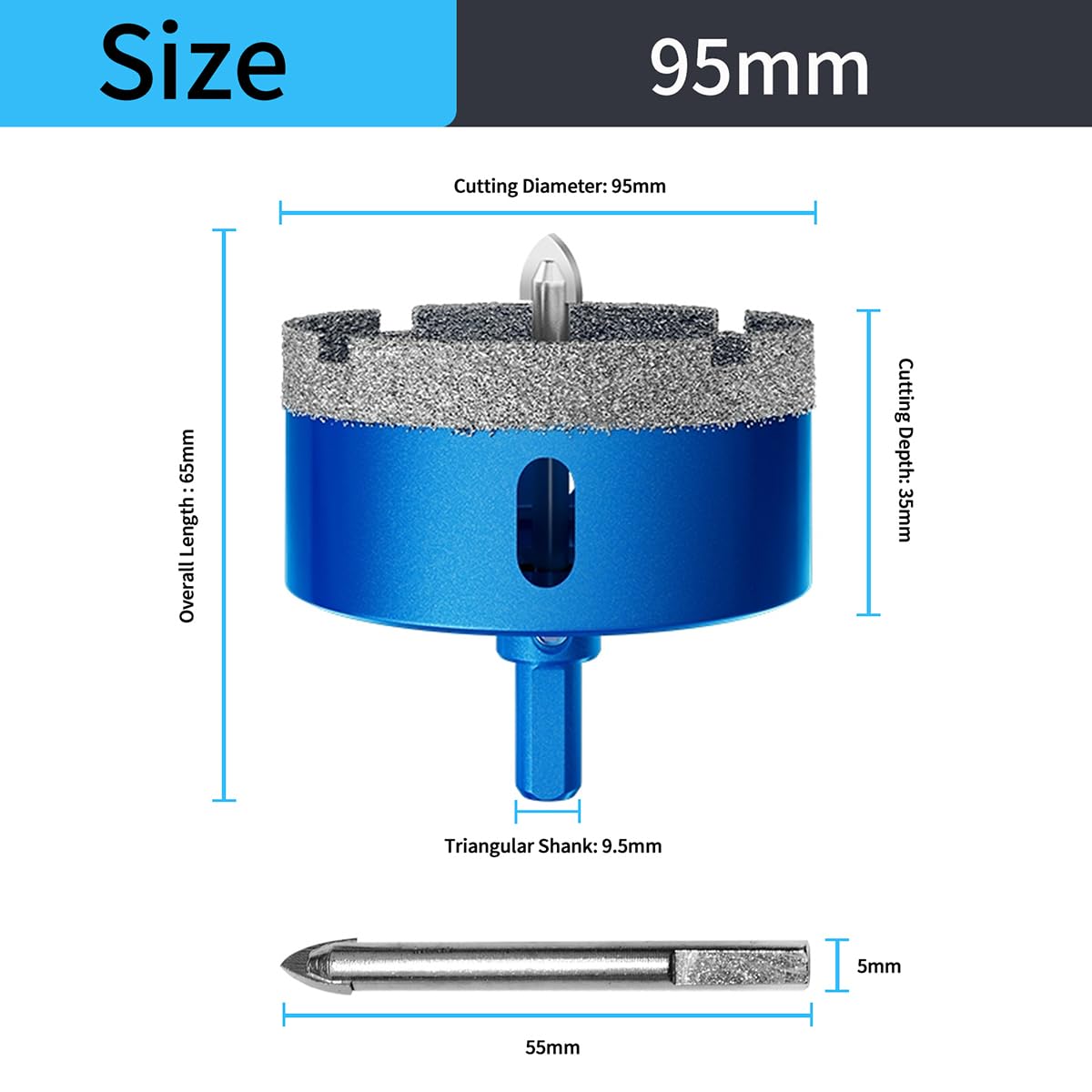 Teronbeta Diamond Hole Saw 95mm with Pilot Center Drill Bit, Vacuum Brazed Diamond Core Hole Cutter for Tile Porcelain, Glass - Image 2