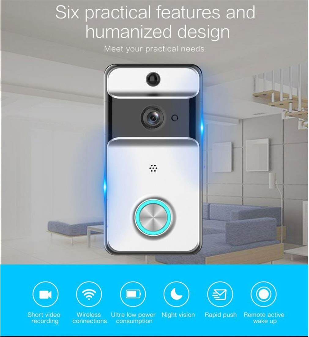 Timbre Inalámbrico, 160 ° Wi-Fi Smart Home Vídeo Timbre De La Puerta, Audio De Dos Vías Intercomm Vídeo Timbre De La Puerta IP53 A Prueba De Agua, El Apoyo TF Tarjeta De Almacenamiento