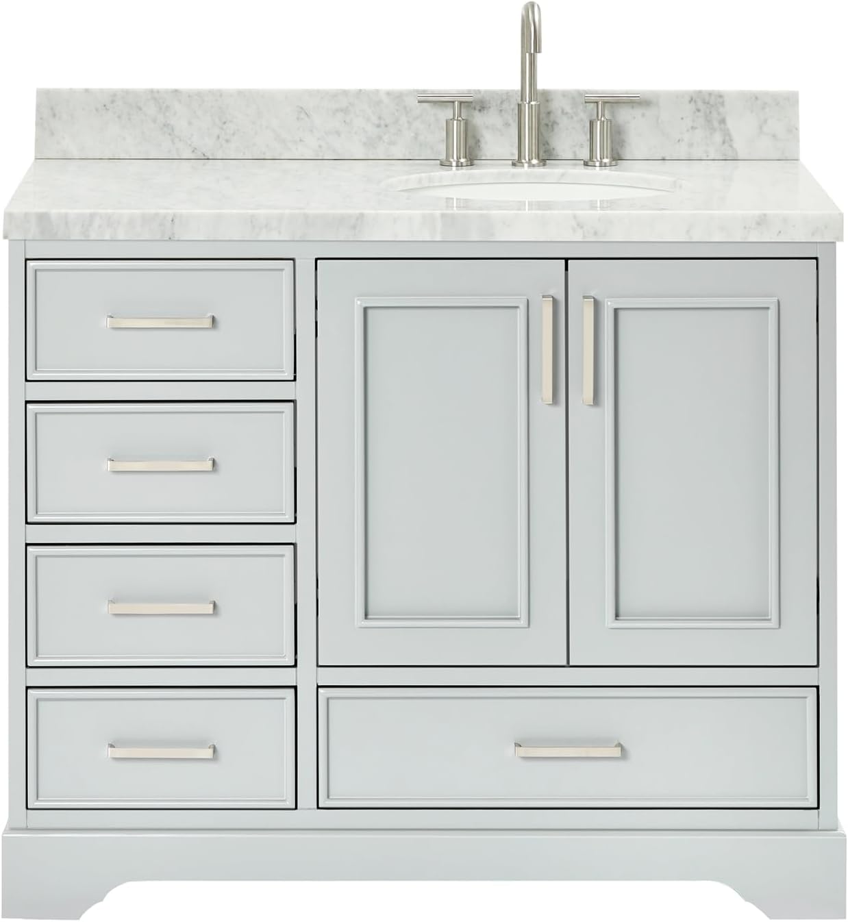 ARIEL Stafford 42-inch Bathroom Vanity with Sink,Solid Wood, 1.5-inch Italian Carrara Marble Countertop & Backsplash, Single Oval Porcelain Sink, 2 Soft Closing Doors, 5 Dovetail Drawers, Grey