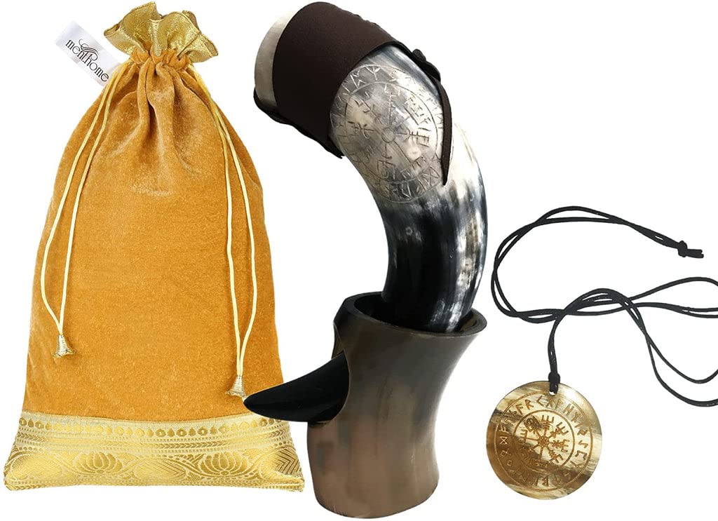 MENTHOME Game of Thrones Inspired Engraved Medieval Norse Style Polished Viking Drinking Horn | Horn Pendant | Horn stand | Golden Gift Bag 12 Oz (Vegvisir with Holster)