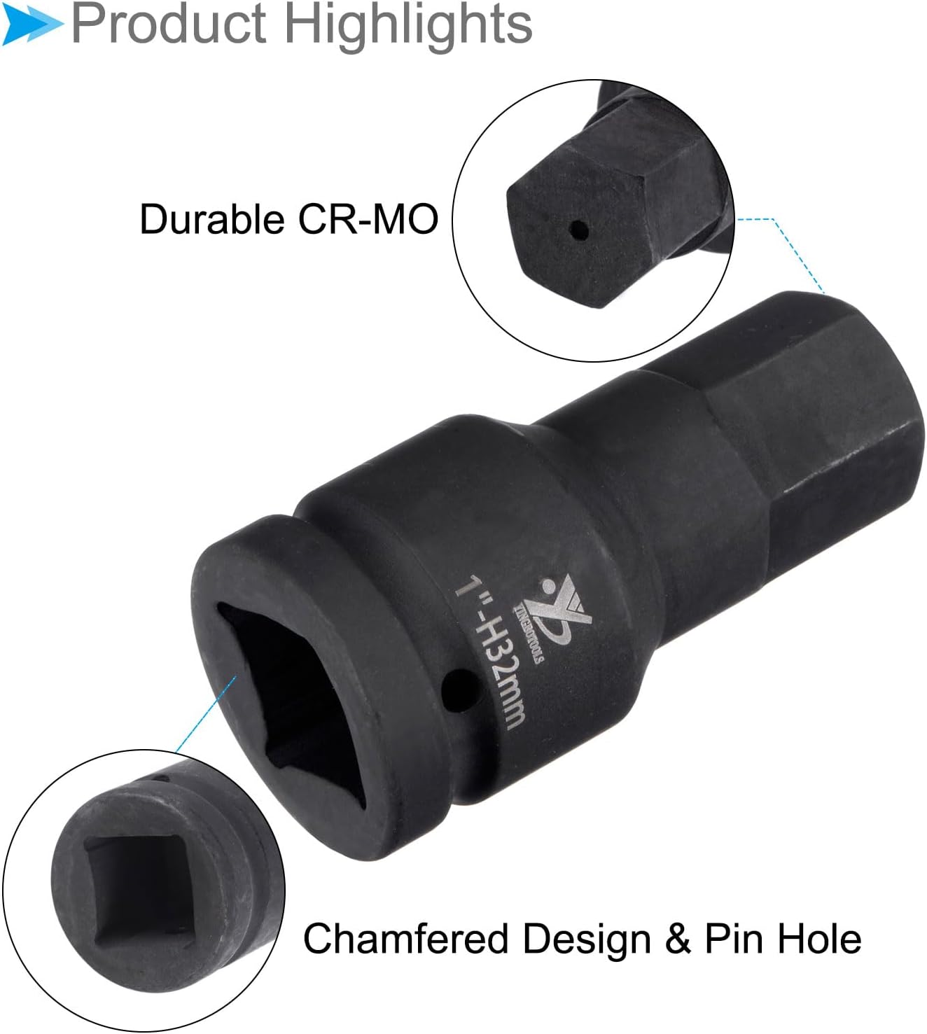 Impact Hex Bit Socket, 32mm Hex Bit 1" Square Drive 102mm Length, CR-MO Chamfer Design Pin Hole Metric Hex Socket - (Applications: for Automotive Electric Repair)