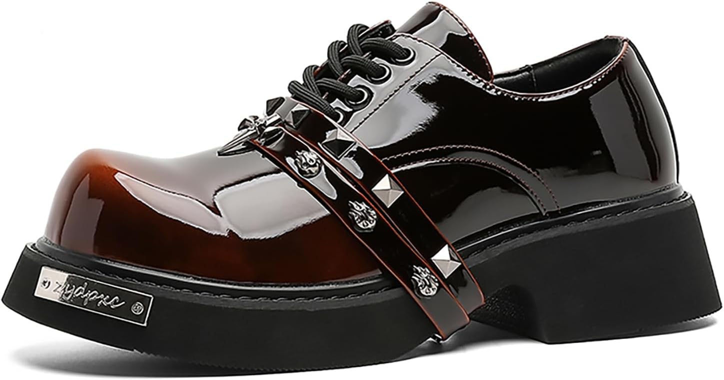 Men’s Gradient Patent Leather Chunky Platform Oxfords Big Round Toed Chunky Heel Non Slip Punk Rivets Derby Shoes Fashion Casual Lace Up Dress Shoes for Business Formal Office