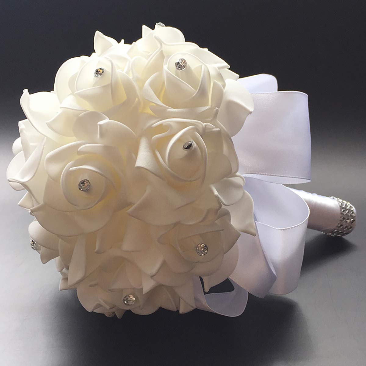 Foraineam 2 Pack Wedding Bouquet Bridal Bridesmaid Holding Flowers Foam Roses Artificial Fake Flower Hand Bouquets with Crystals Soft Ribbons