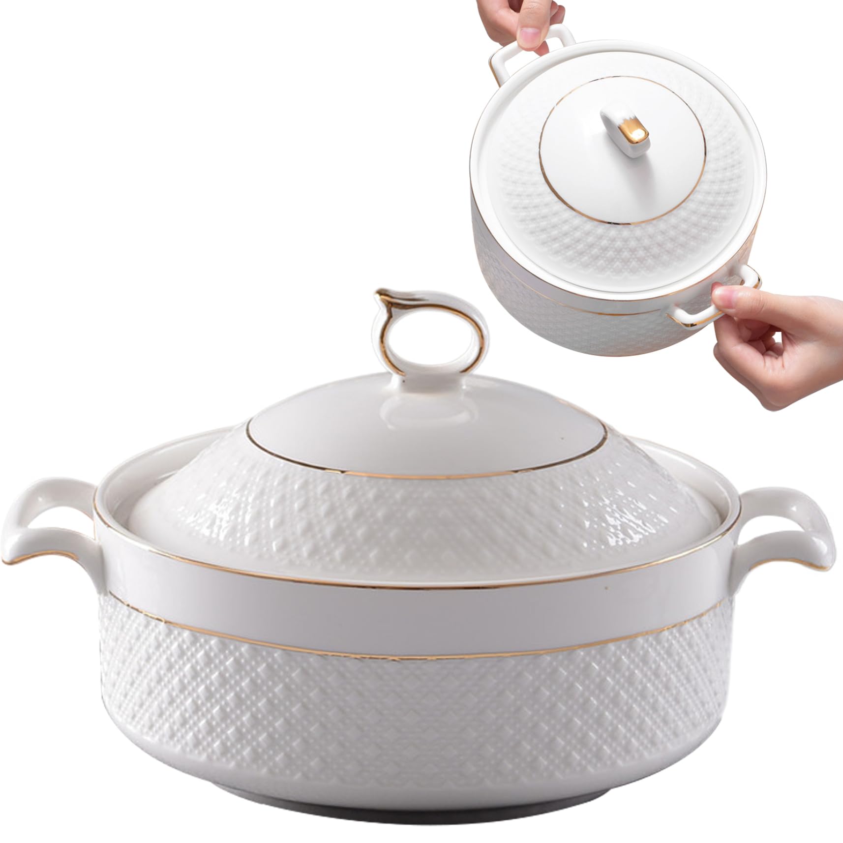 Sopera de cerámica, Cuencos Blancos de 1, 5 l con Borde Dorado, sopera de Doble asa con Tapa y cucharón para Pasta, para Cocina