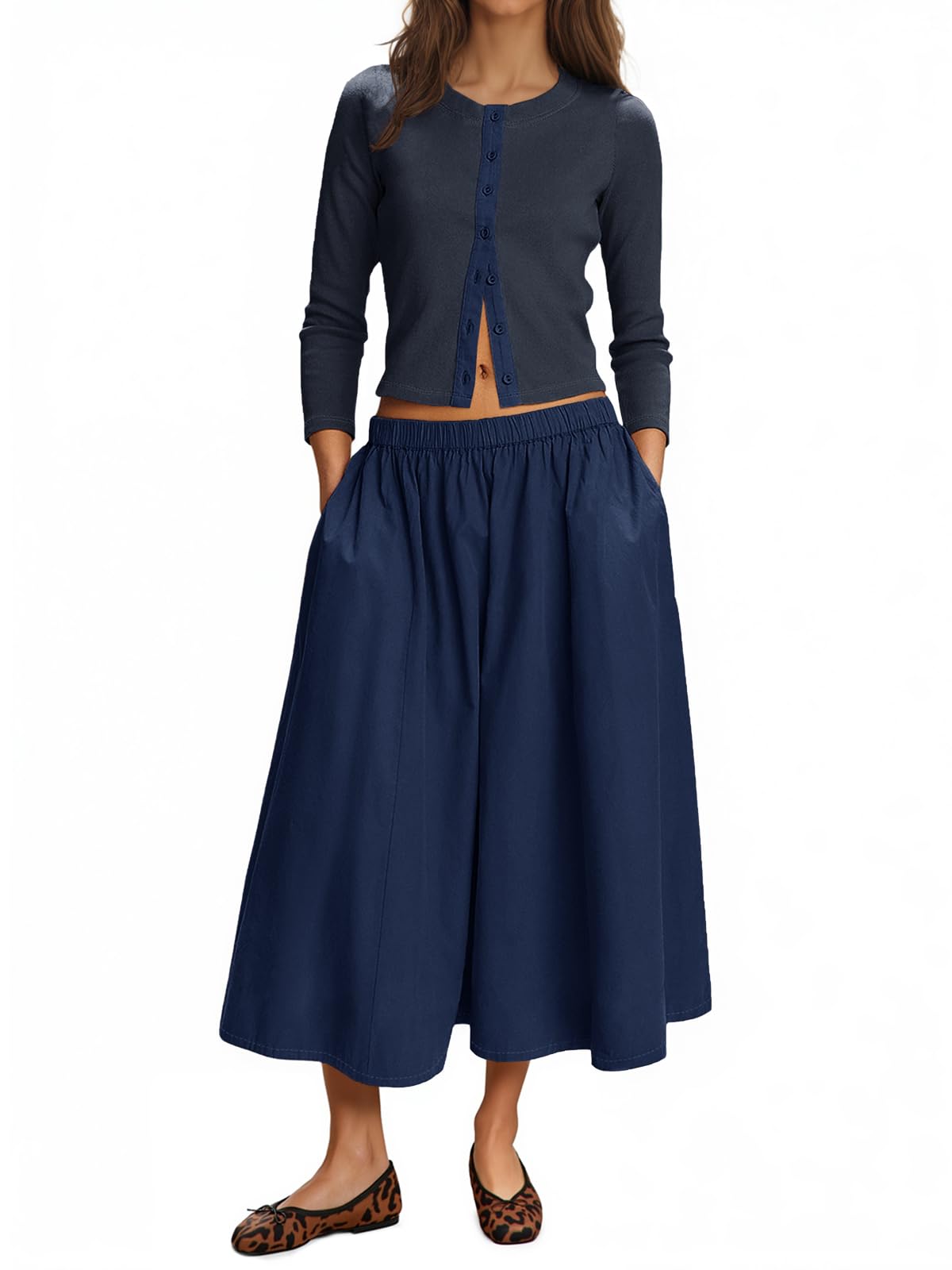 Photo 1 of Tankaneo Womens 2 Piece Skirt Sets 3/4 Sleeve Knit Cardigan Elastic Waist Midi Skirt Outfits Casual Matching Dress Set (Navy, X-Large)