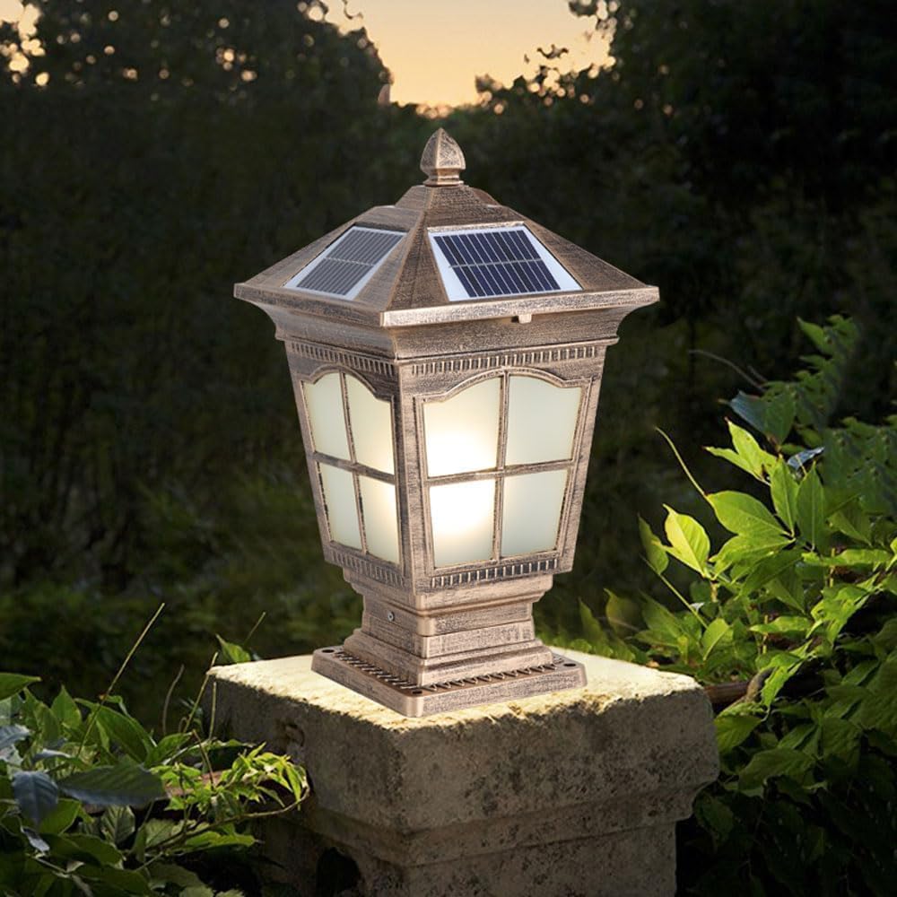 Yvamnad Bronze Outdoor Solar Post Light Fixtures Solar Lamp Post Light Fixture With Remote Control Column Caps Lamps Outdoor Waterproof Ip65 Pillar Lamps Outside Housing Porch Pedestal Lights Fence Deck Ligh