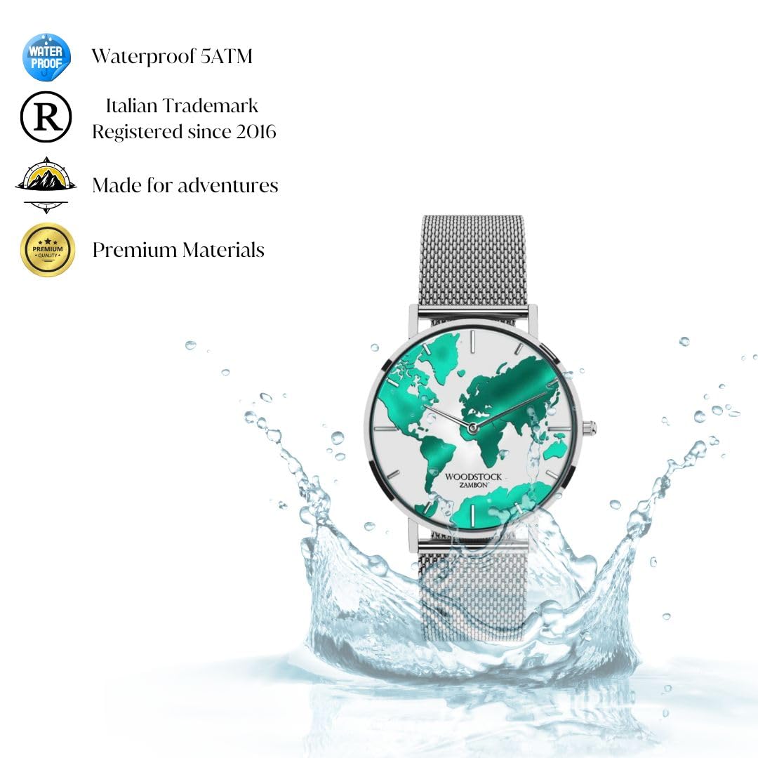 Woodstock Zambon Orologio Unisex Sea Water Impermeabile - Quadrante Bianco e Verde Acqua, Cassa in Acciaio Inossidabile e Cinturino Regolabile