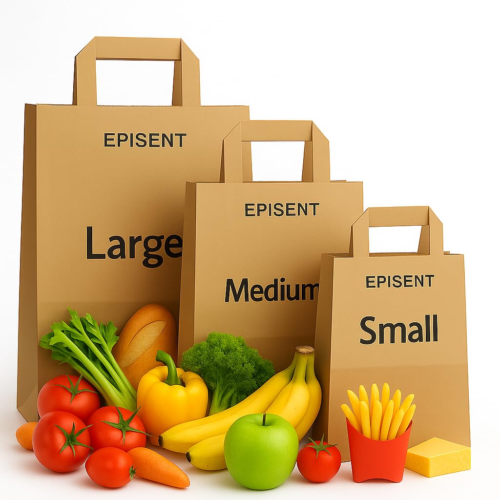 EPISENT Brown Paper Bags with Handles – 50 Pack Recyclable Kraft Paper Gift & Lunch Bags for Food, Sandwiches, Takeaway, Party, Retail & Catering Use (Small - 7x9x3.5”)