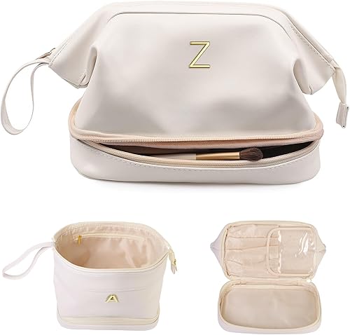 Miniatura 69 de Regalo de cumpleaños para hija - Bolso grande de maquillaje inicial, bolso cosmético personalizado de doble capa con organizador de brochas