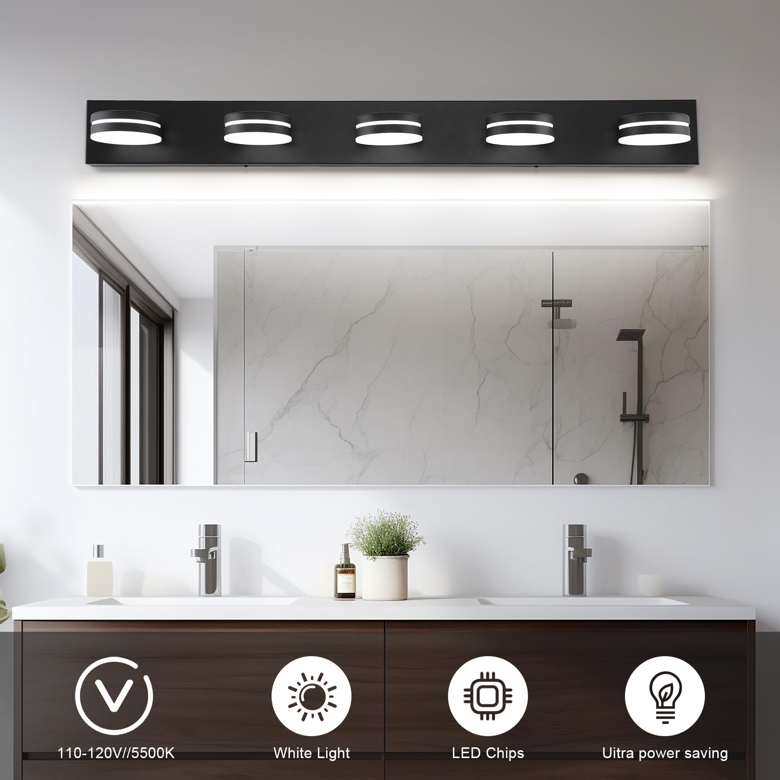 Moderne Badezimmer-Wandleuchte mit 5 Leuchten, 30 W LED, Schwarzlicht, über Spiegel, dimmbar, Wandleuchte mit drehbarem Kopf, Acryl-Schirme Bett-Weiß – stilvolle Badezimmerbeleuchtung