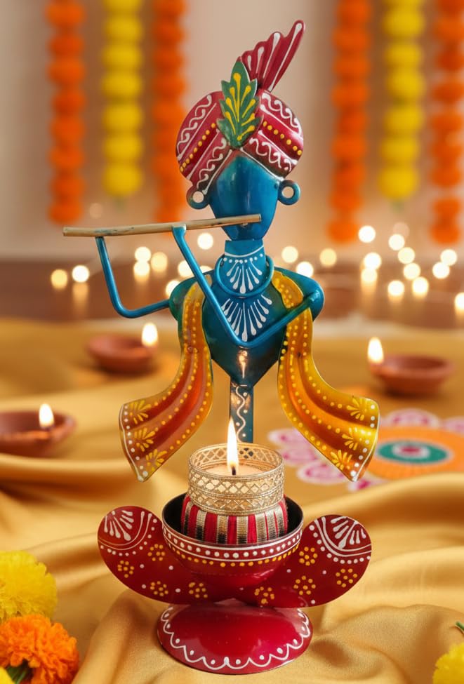 Image of Decorative Handcrafted Multicolor Metal Krishna Tea Light Holder for Home Decoration and Krishna Idol for Gift