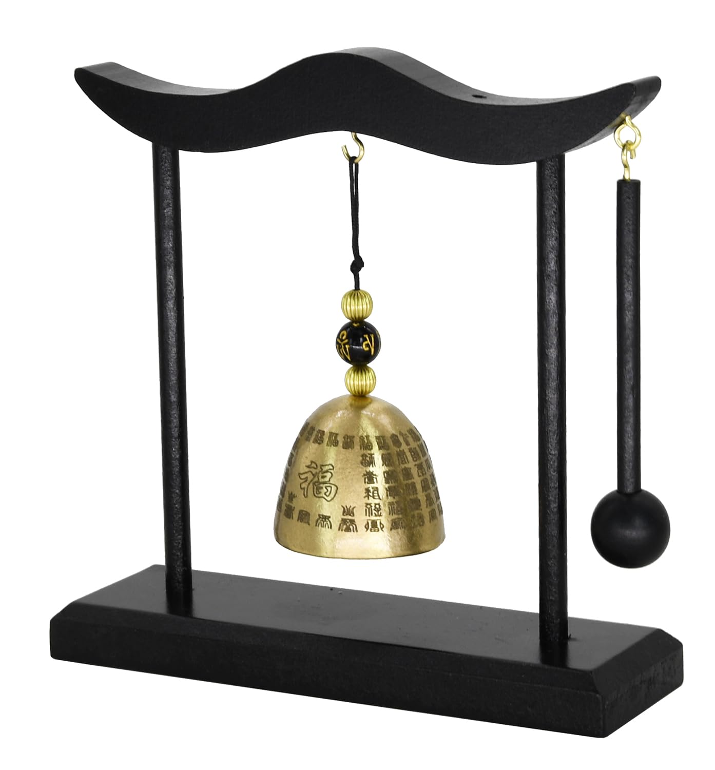 Owlgift Chinese Zen Feng Shui Bell with 100 “Fu” Blessings｜Laser Engraved Copper Bell on Wood Base｜9.5” Decorative Spiritual Bell for Good Luck & Peace for Home, Meditation & Energy Clearing