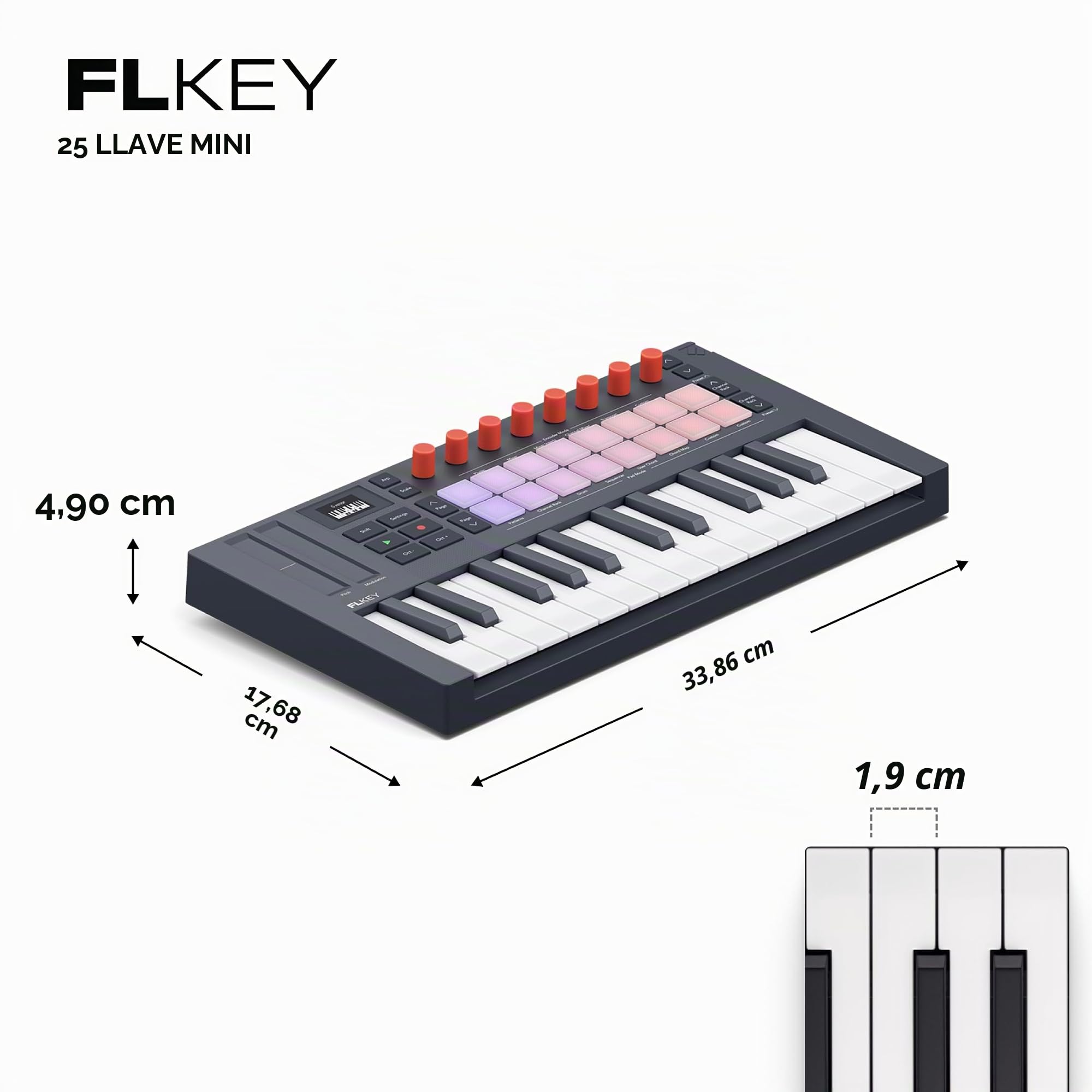 Novation FLkey 2 Mini 25 — Teclado controlador MIDI de 25 miniteclas para empezar con FL Studio, con USB, tiras de tono y modulación, 16 pads de percusión y arpegiador. Incluye 6 meses de FL Studio