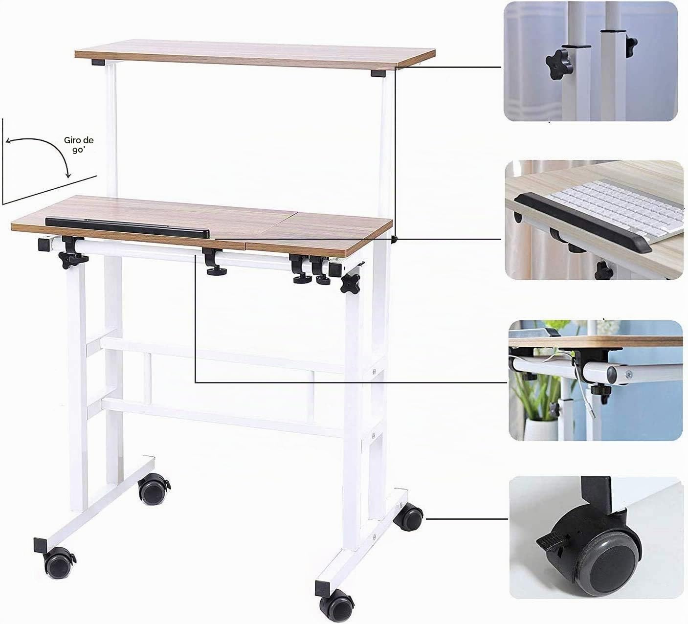 Sogesfurniture 80 x 40 cm Mesa Enrollable de Cama sofá para Ordenador portátil, Altura Ajustable, Mesa Auxiliar Soporte para Ordenador portátil con 4 Ruedas bloqueables, Roble 05# 1-80 Ok-BH