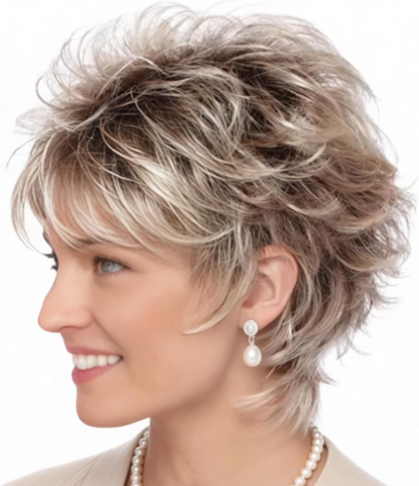 TISHINING Layered Short Blonde Pixie Wigs for White Women Dark Brown Ombre Blonde Pixie Cut Wig with Bangs Synthetic Natural Looking Daily Party Wig