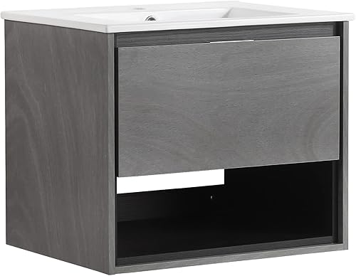 Miniatura 6 de NEWTIK Juego de tocador de baño de 24 pulgadas, pequeño armario de baño flotante montado en la pared con fregadero de desbordamiento y cajón de