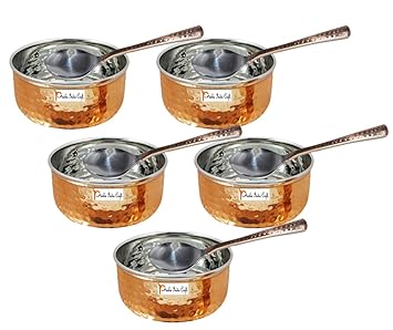 Prisha India Craft Steel Copper Serving Bowl with Spoon, Capacity 180 ML, Set of 5