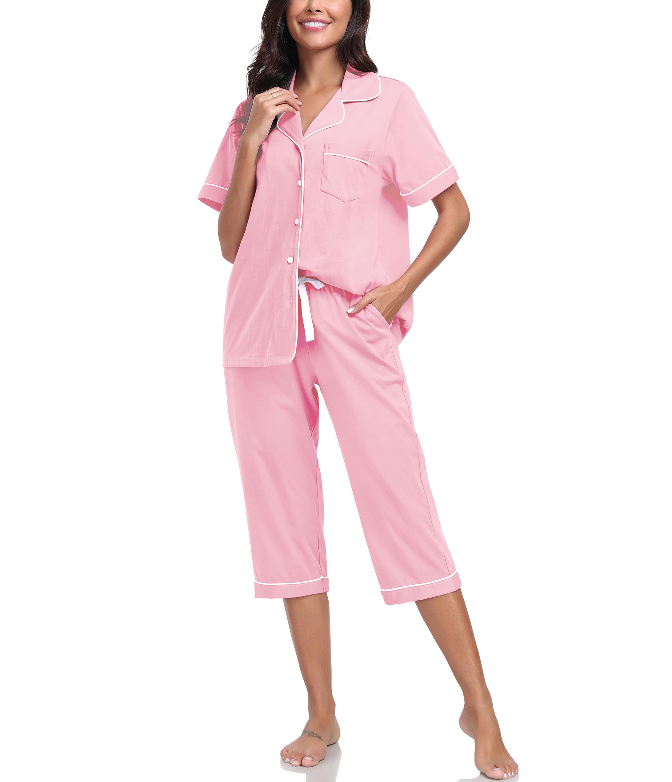 COLORFULLEAF Womens Cotton Pajama Sets Short Sleeve Button Down Sleepwear Summer Capri Pants Pjs with Pockets