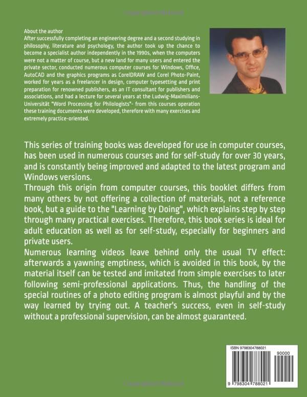 Back cover of Corel Photo-Paint 2024 Training Manual with author information and book philosophy