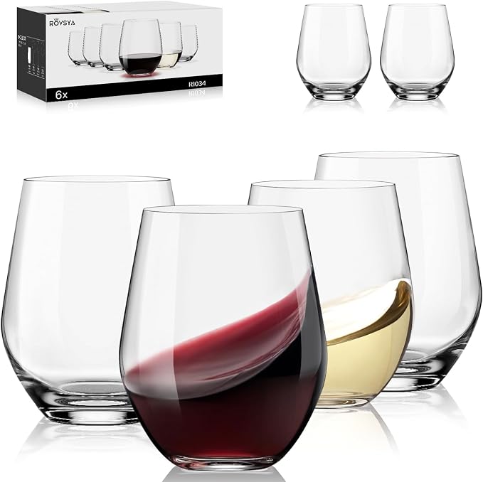 OJA Stemless Wine Glasses Set of 6, Premium Crystal Red White Wine Glasses, No Stem, Clear-15oz, Sturdy Drinking Glass for Daily Use, Birthday, Wedding, Home Party, Anniversary, Shower Gift
