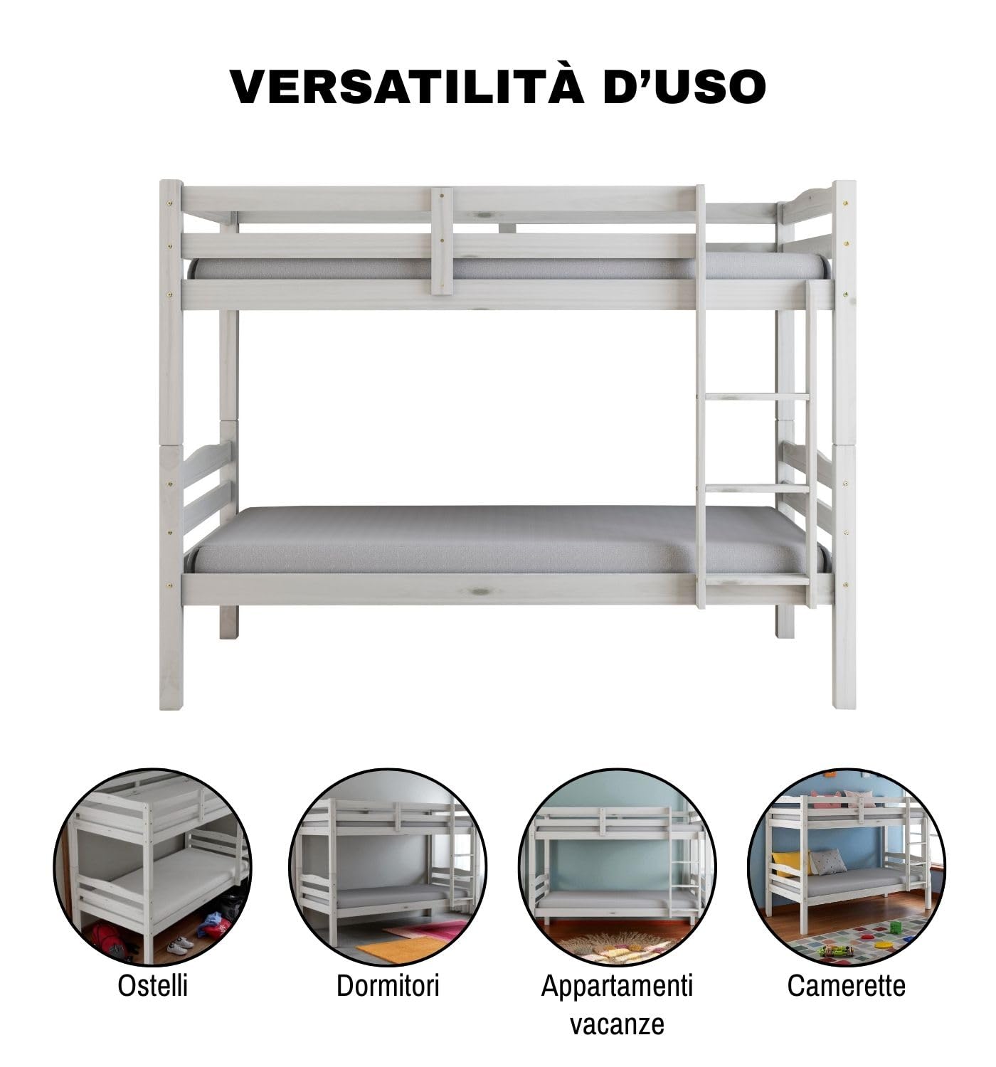 Arredo Stock Letto a castello in legno di pino massello utilizzabile come due letti singoli, 90x190x150 cm (Bianco)