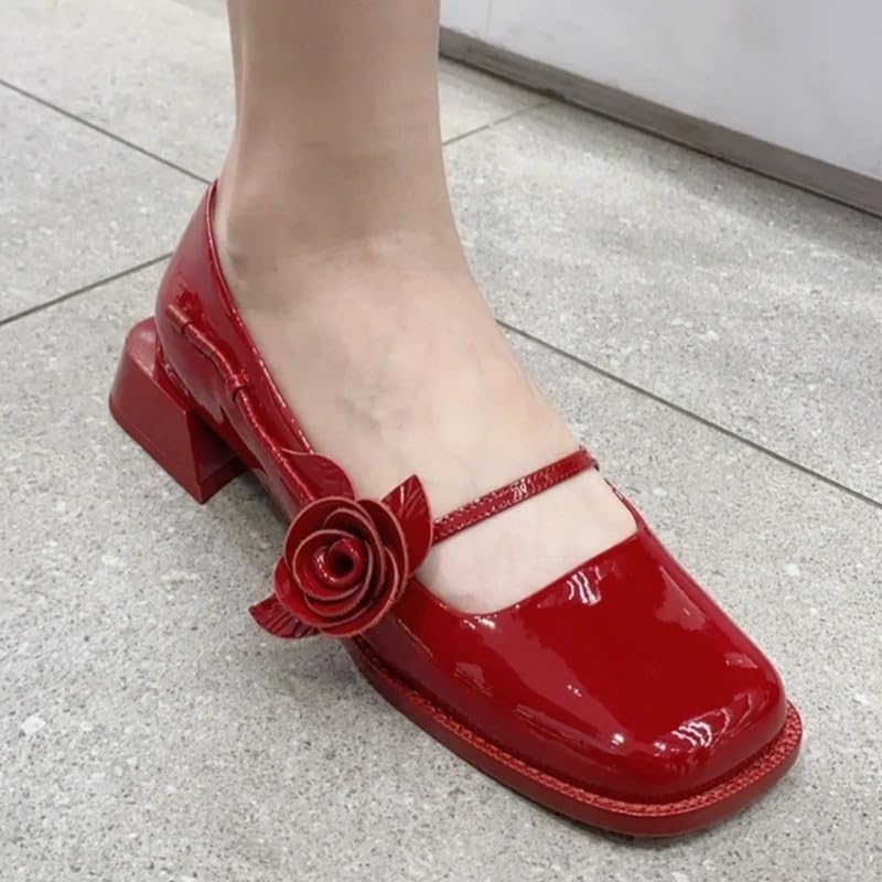 Cute Rose Strap Mary Janes for Women Block Low Heel Pumps Emo Ballet Flats Slip On Ballerina Shoes Low Top Breathable Lightweight Leather Square Toes No Slip Casual Retro Dress Shoes Casual Streetwear2