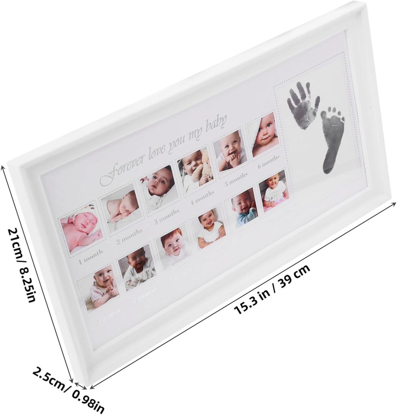 Growth Frame Month Keepsake Photo Frame for Newborns and Boy Girl with Handprint and Footprint Elegant White Design for Nursery