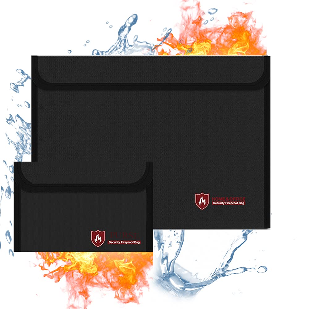 La Zoey 2 Pack Fireproof Document Bag 15'' x 11''/8'' x 4.7'', Water and Fireproof Pouch, File and Money Safe Storage Pouch with Velcro and Zipper Valuables, Jewelry, Documents,File and Tablet