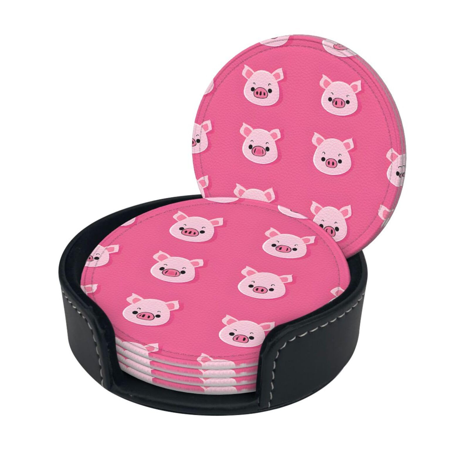 Funny Pink Pig Face Print Coaster,Round Leather Coasters with Storage Box for Wine Mugs,Cold Drinks and Cups Tabletop Protection (6 Piece)