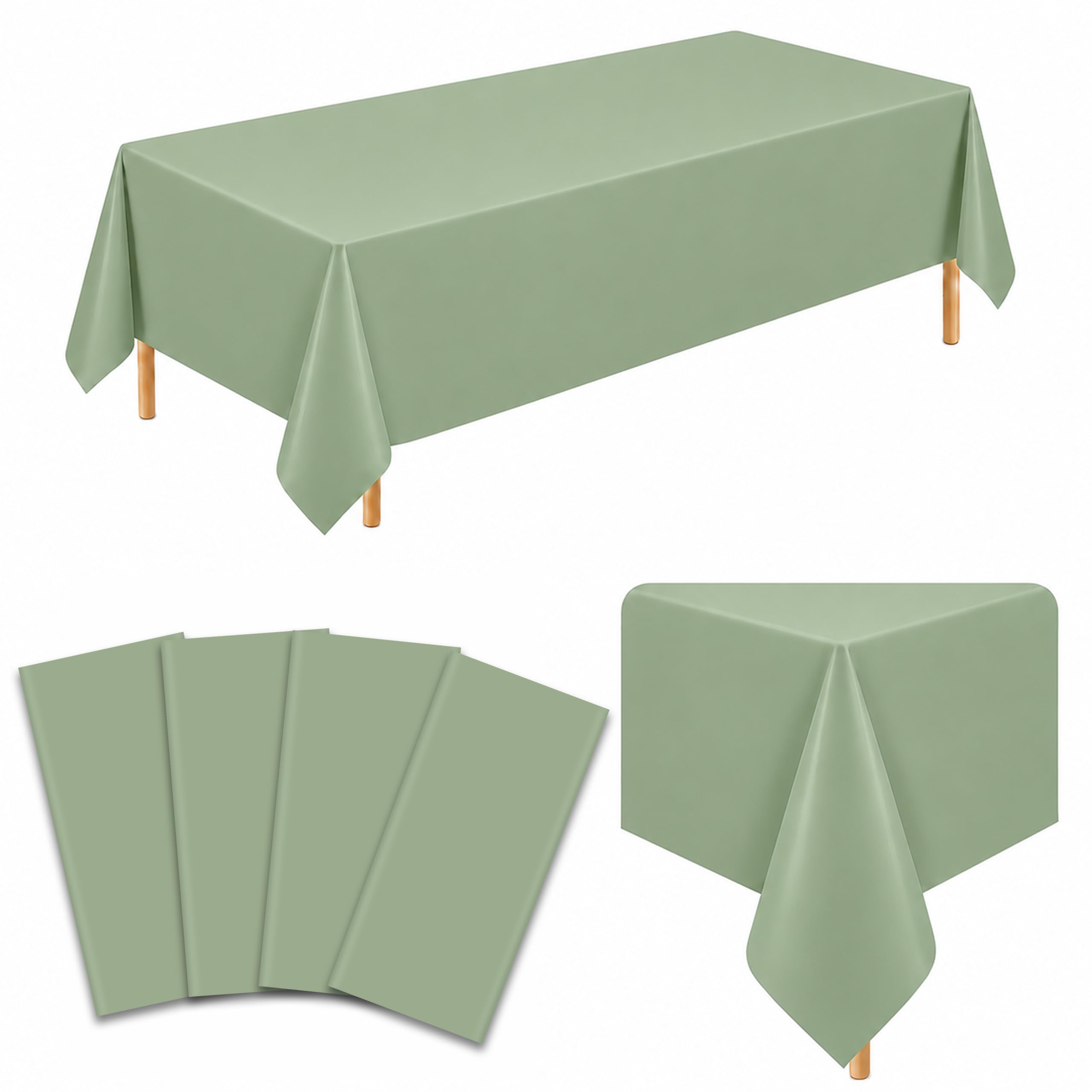 4 Pack Sage Green Plastic Tablecloths, 54 x 108 Inch Disposable Covers