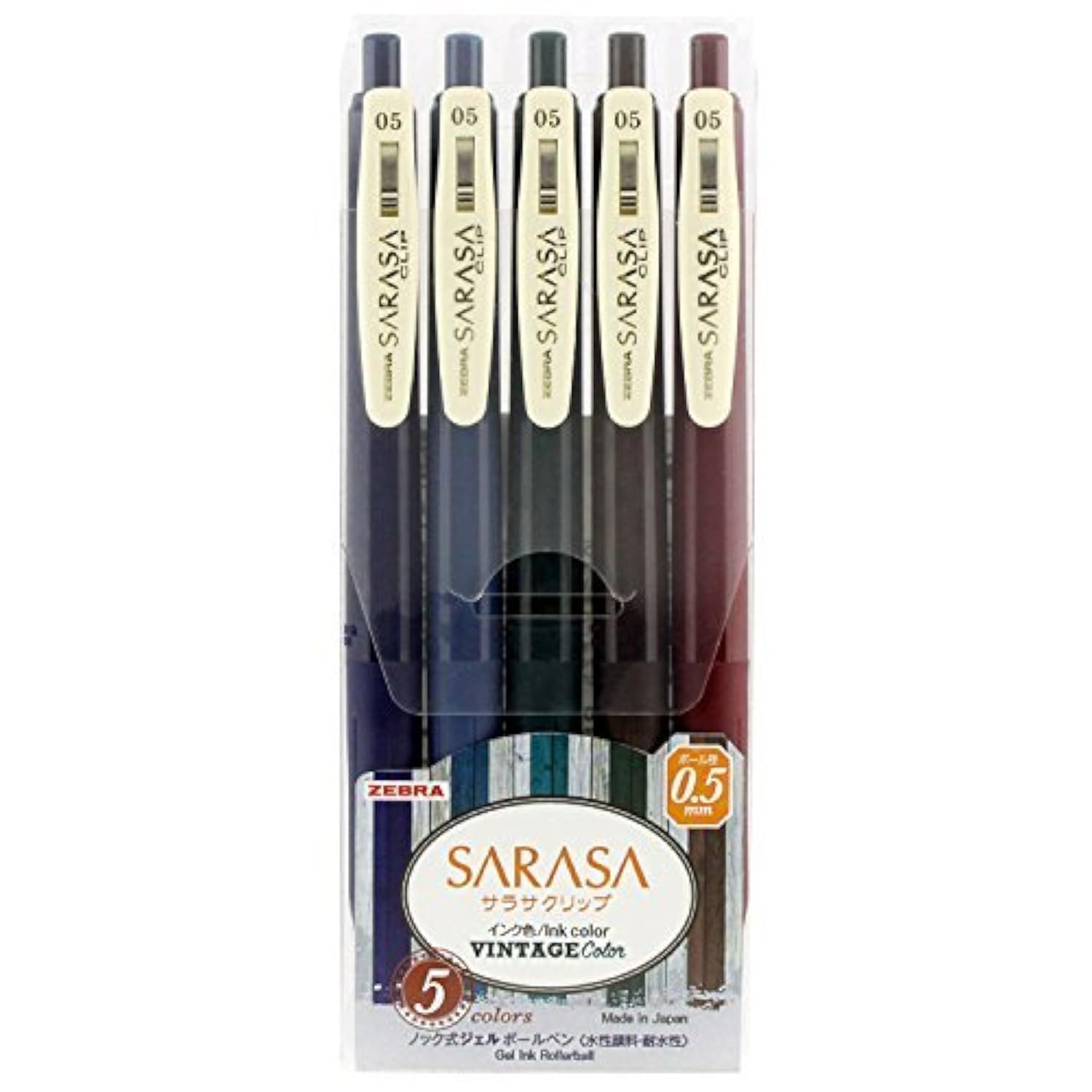 Zebra Sarasa Clip 0.5 Retractable Gel Ink Pen Rubber Grip 0.5 mm Vintage Colors 5 Color Ink (JJ15-5C-VI) 2 Set