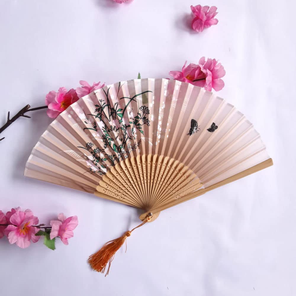 NZPOST Folding Fan Handheld, 2Pcs Coffee Silk Fan Vintage Orchid Butterfly Handmade Bamboo Fans With Tassel Foldable Handheld Hand Fans Japanese Chinese Fan For Dancing Party Wedding