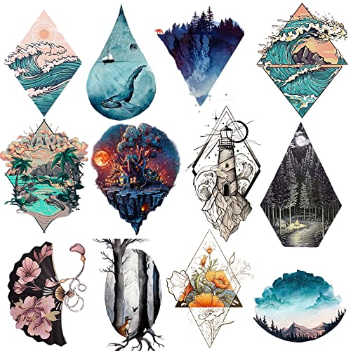 Color Mountain Ocean Temporary Tattoo for Women, Geometric Pattern Tree Starry Flowers, Body Arm Leg Back Tattoo. (Landscape)