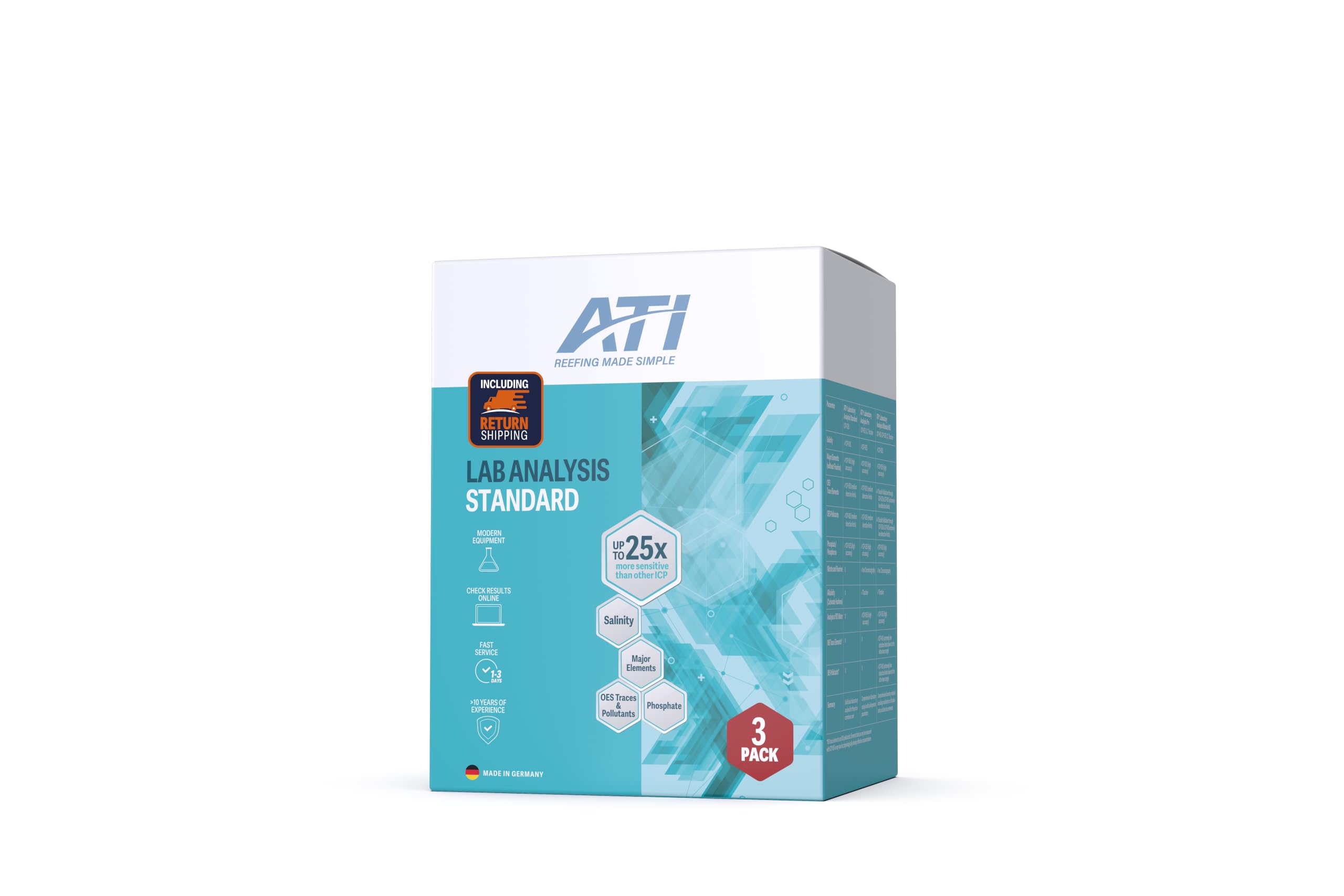 ATI ICP-OES Lab Analysis Standard for Reef Aquariums - Professional Water Testing - Salinity, Trace &amp; Major Elements - 3 Test Kits