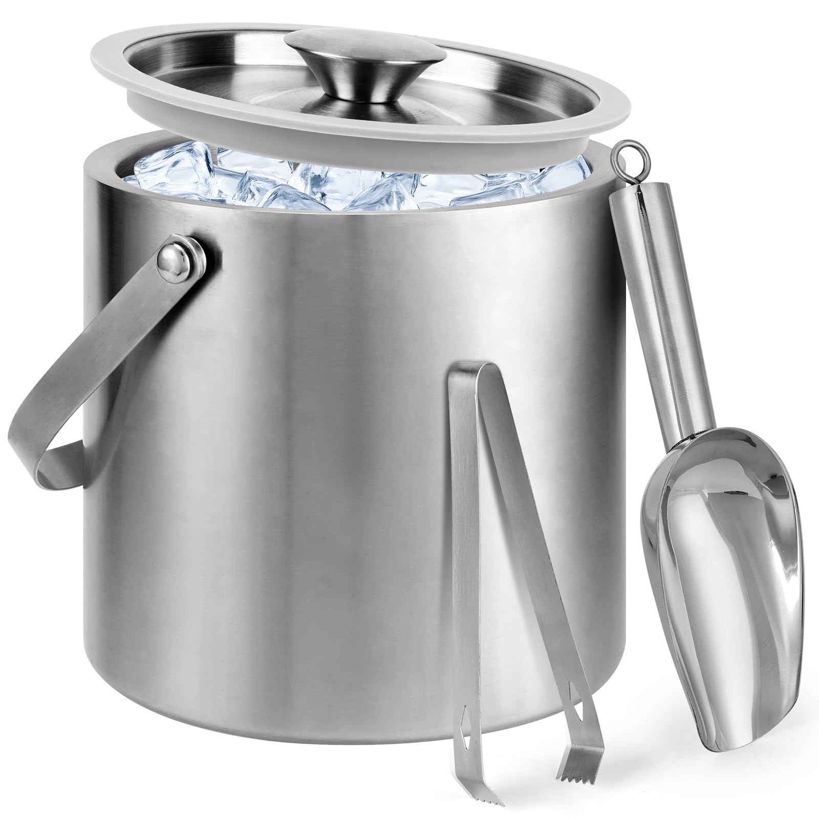 Doppelwandiger Eiskübel aus Edelstahl mit Deckel, Schaufel, Zange, Griff, 3