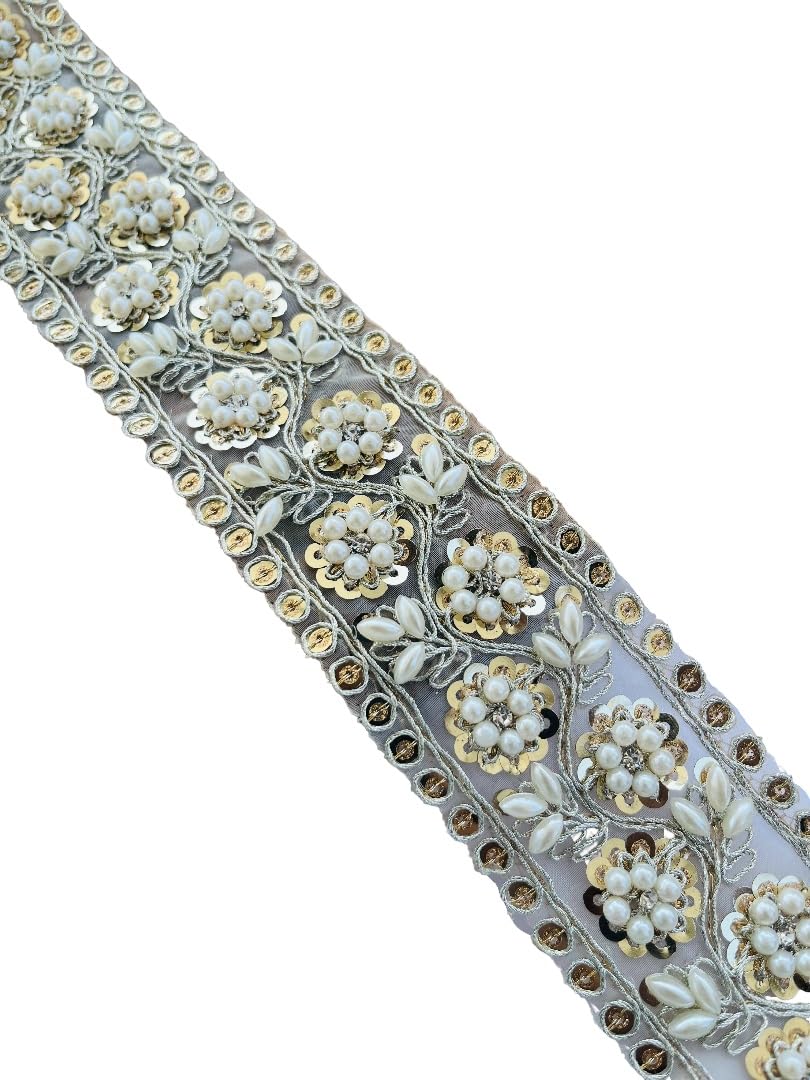 Bordure dentelle dorée galon zircon nacré 5cm pour couture rideau robe mariage et dupatta